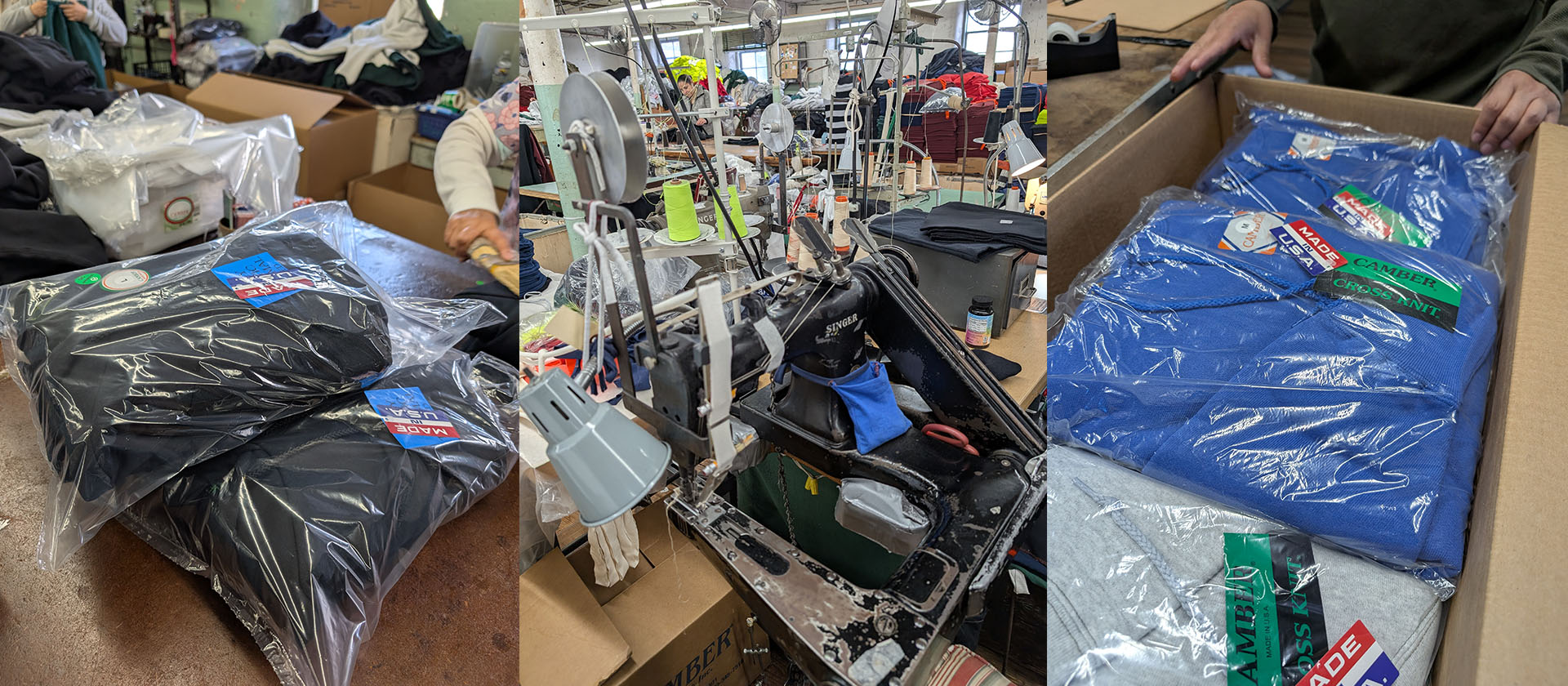 A three-image collage showing apparel manufacturing and distribution: packaged black sweatshirts with 'Made in USA' labels, an industrial sewing machine on a factory floor, and a cardboard box being packed with individually wrapped Camber Cross Knit hoodies.